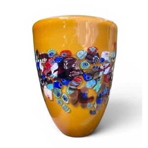 Vtg Murano Style Amber Millefiori Art Glass‎ Vase Aventurine Hand Blown Heavy